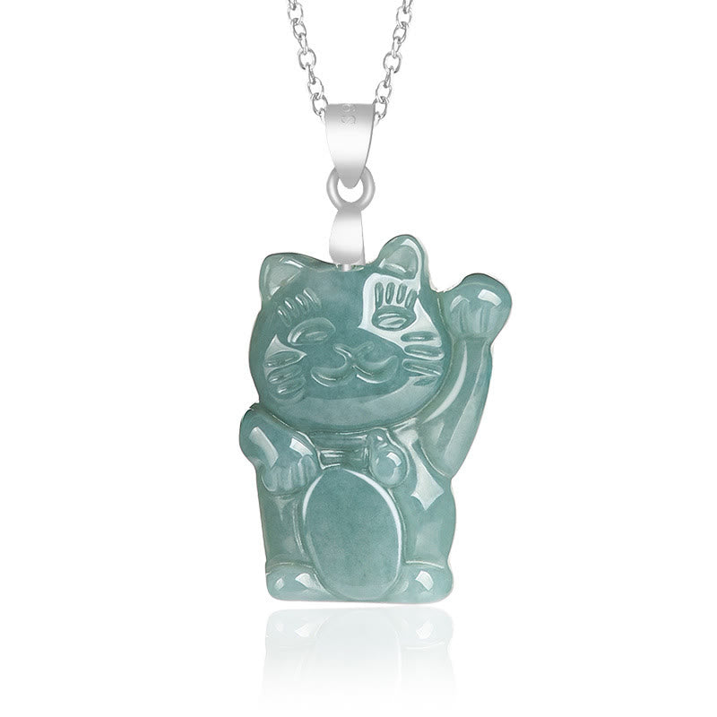 Buddha Stones Natural Jade Lucky Cat Abundance Titanium Steel Necklace Pendant