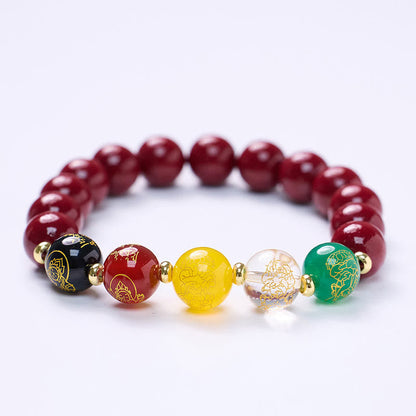 Buddha Stones Cinnabar Agate Five Directions Gods of Wealth Blessing Bracelet