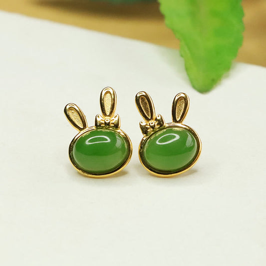 Buddha Stones 925 Sterling Silver Hetian Cyan Jade Rabbit Luck Stud Earrings