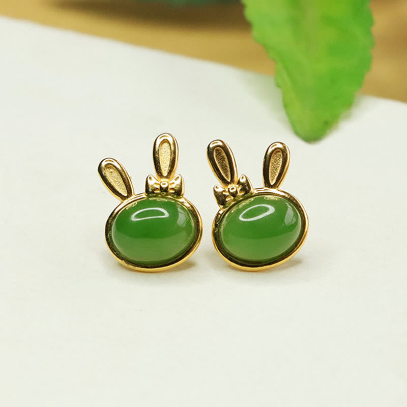 Buddha Stones 925 Sterling Silver Hetian Cyan Jade Rabbit Luck Stud Earrings