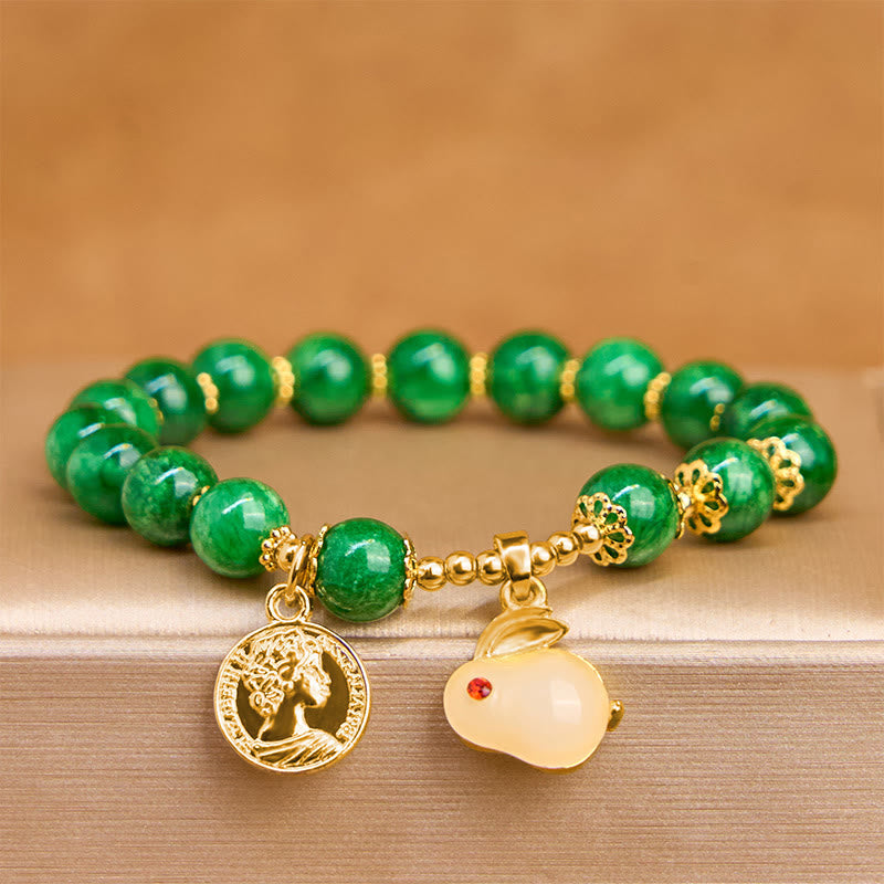 Buddha Stones Green Calcite Rabbit Charm Clarity Bracelet