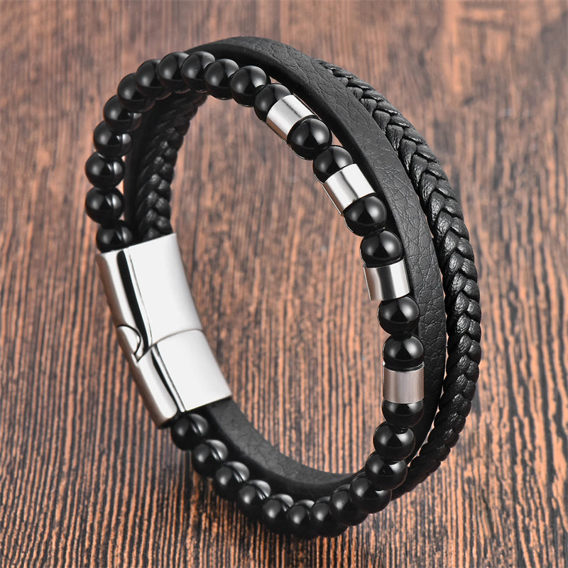Buddha Stones Frosted Stone Multi-layer Leather Titanium Steel Balance Buckle Bracelet