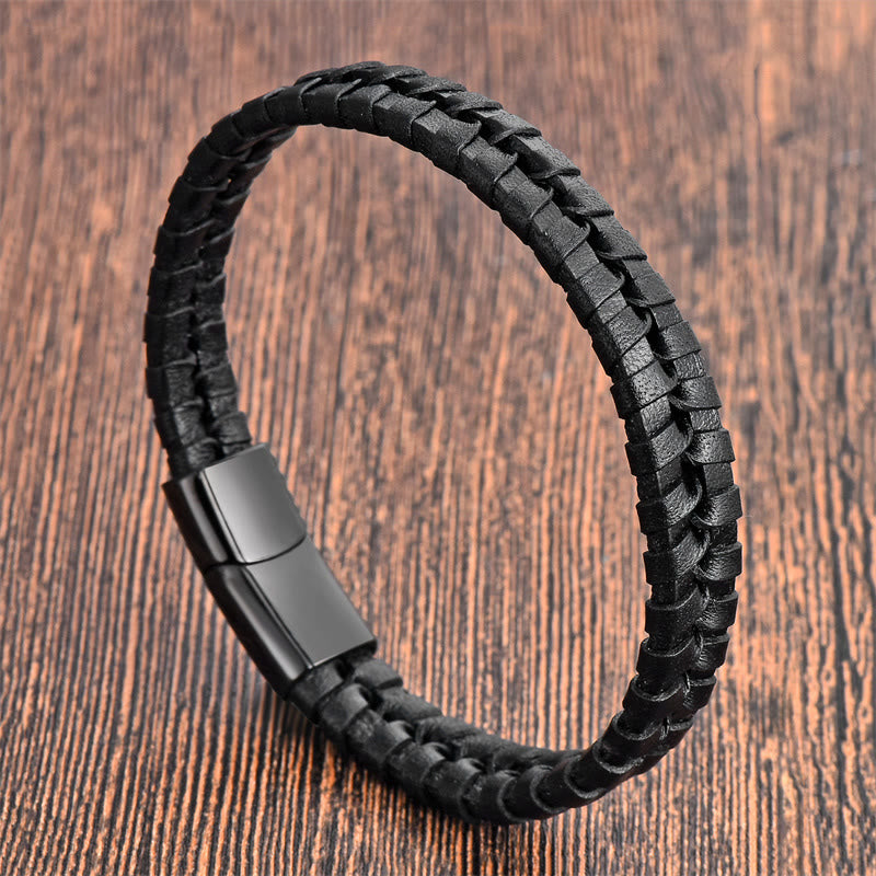 Buddha Stones Simple Braided Pattern Titanium Steel Strengthen Multi-layer Leather Buckle Bracelet