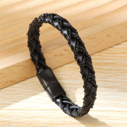 Titanium Steel Calm Spiritual Bracelet With Braided Leather