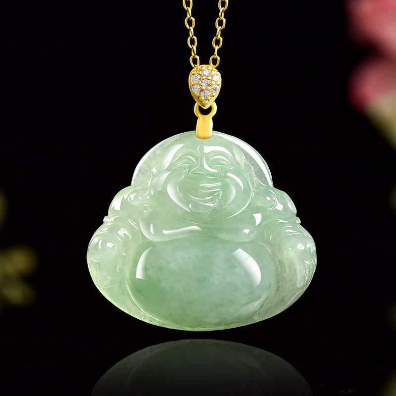 Buddha Stones Natural Jade Laughing Buddha Luck Prosperity Titanium Steel Chain Necklace Pendant