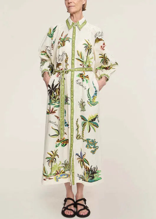 Green Print Pockets Tie Waist Linen Blouses Dresses Spring