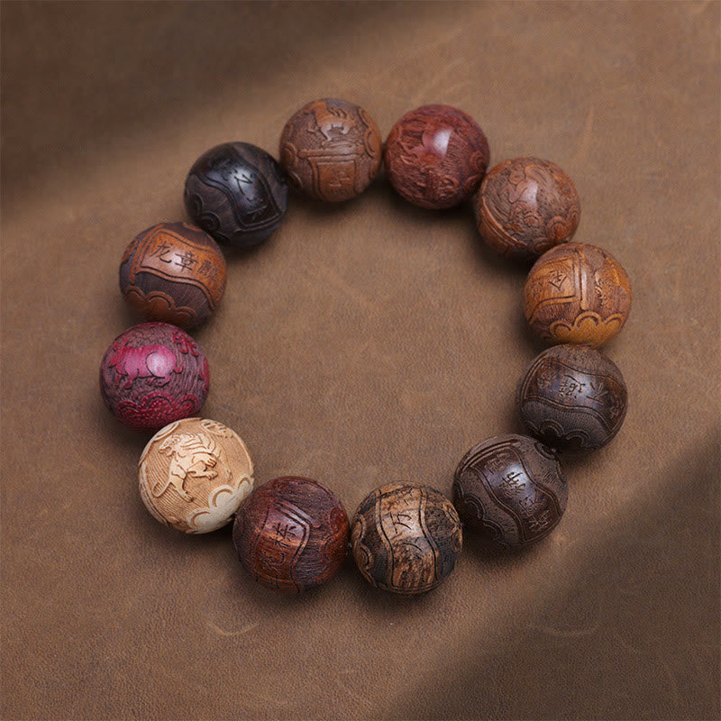 Buddha Stones Carving Sandalwood Chinese Zodiac Auspicious Dragon Phoenix Fu Character Healing Bracelet