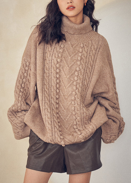 Caramel Turtleneck Patchwork Cable Knit Sweaters Top Fall