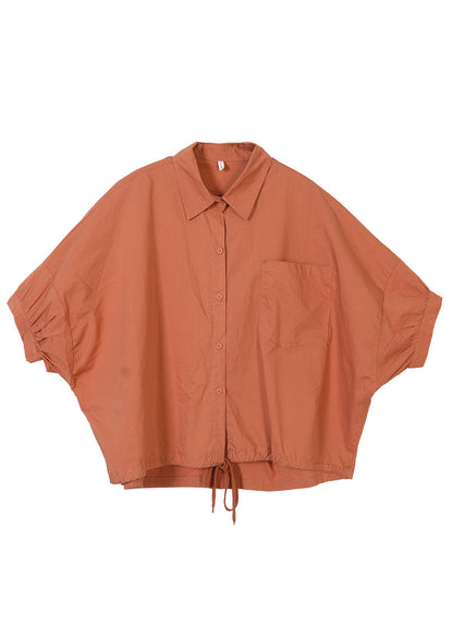 Yellow Peter Pan Collar Drawstring Pocket Cotton Shirt Top Short Sleeve