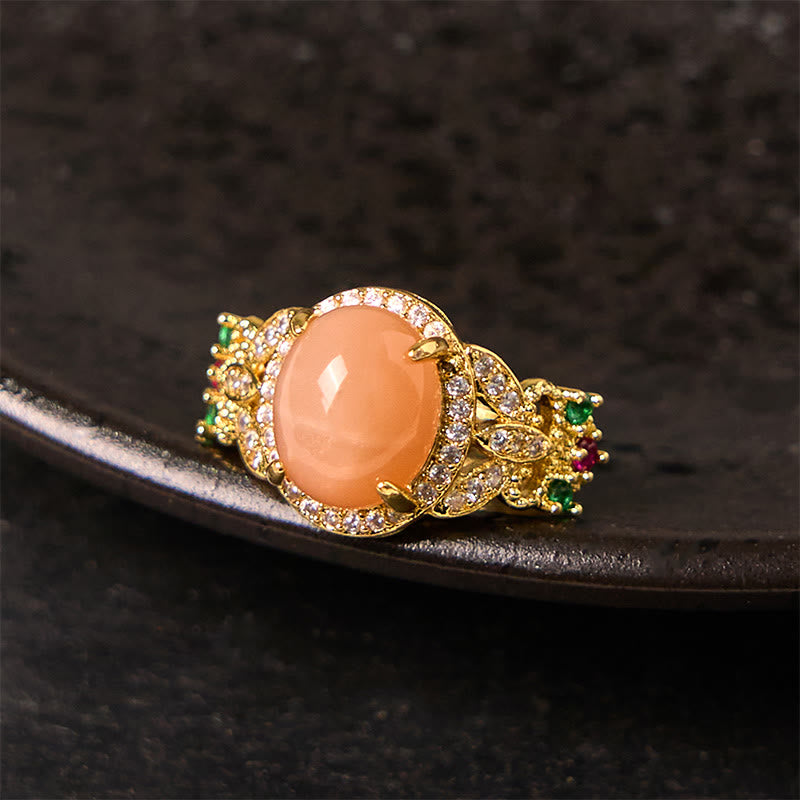 Buddha Stones Prong Setting Four Leaf Flower Design Peach Moonstone Adjustable Soothing Ring