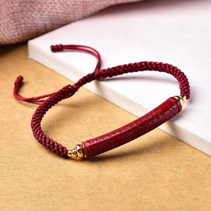 Buddha Stones Handmade Cinnabar Om Mani Padme Hum Heart Sutra Blessing Braided Bracelet