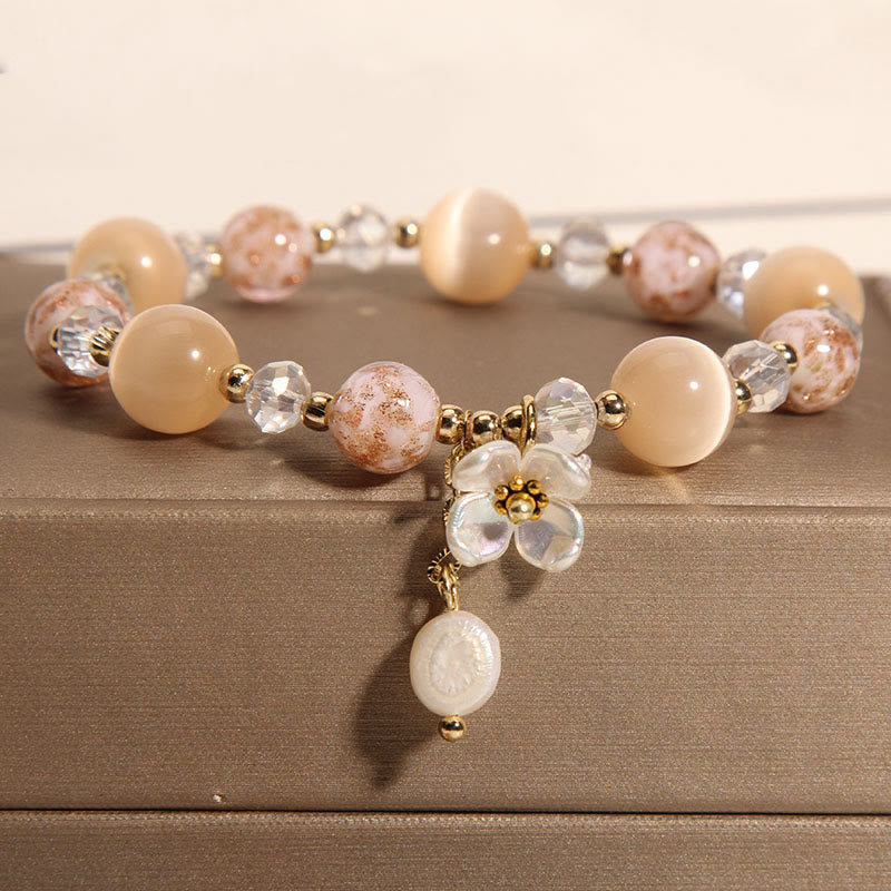 Buddha Stones Aquamarine Yellow Cat's Eye Stone Flower Peace Bracelet