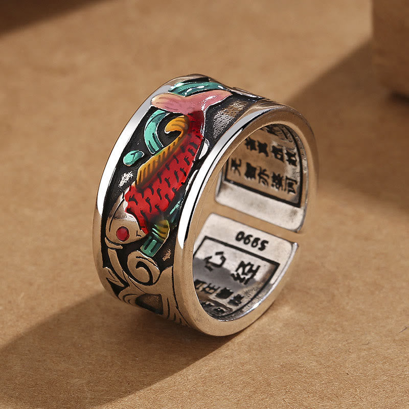 Buddha Stones Blue Enamel Koi Fish Heart Sutra Success Ring