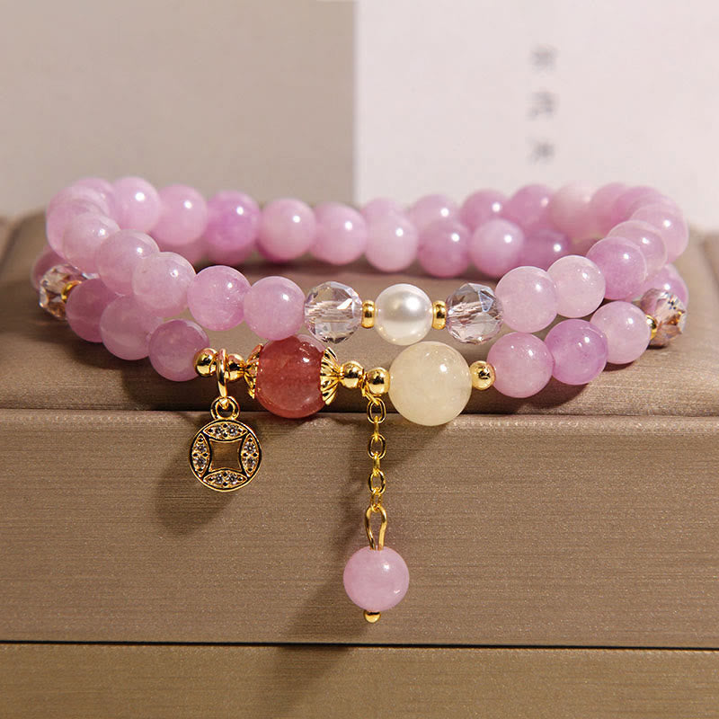 Buddha Stones Tourmaline Purple Jade Aquamarine Jade Copper Coin Positive Double Wrap Bracelet