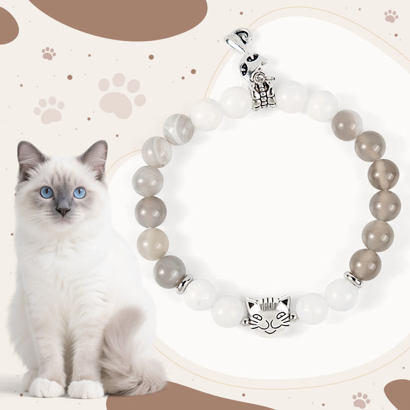 Buddha Stones Ragdoll Cat Gray Striped Agate Chalcedony Support Bracelet