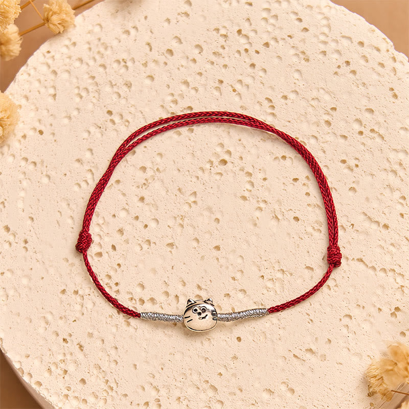 Buddha Stones 925 Sterling Silver Cat Red String Braided Bracelet