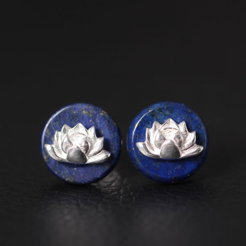 Buddha Stones Lazurite Lapis Lazuli 925 Sterling Silver Lotus Pattern Enlightenment Earrings