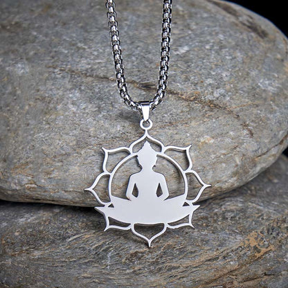 Buddha Stones Lotus Sitting Buddha Design Stainless Steel Enlightenment Necklace Pendant