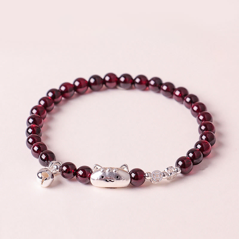 Buddha Stones 999 Sterling Silver Natural Cat Head Garnet Protection Bead Bracelet