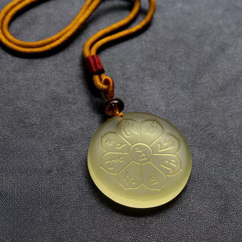 Buddha Stones Liuli Crystal Wealth God Mantra Abundance Eight-petal Shape Necklace Pendant