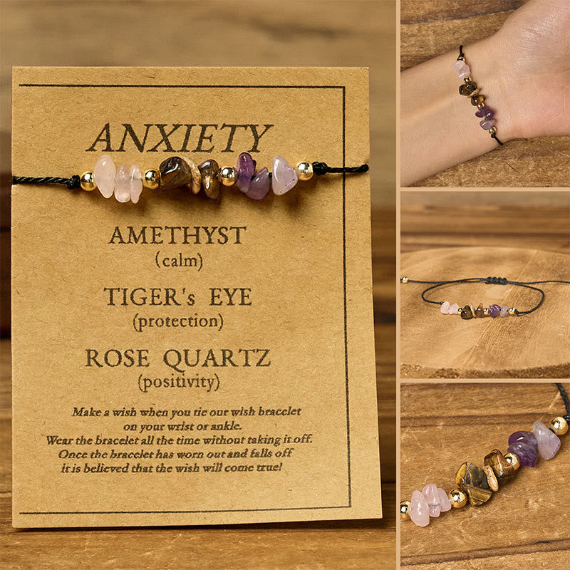 Buddha Stones Amethyst Tiger Eye Rose Quartz Protection Anti-anxiety Card Rope Bracelet