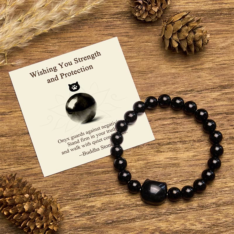 Buddha Stones "wishing You Strength and Protection" Cat Onyx Bracelet Includes Gift Message Card