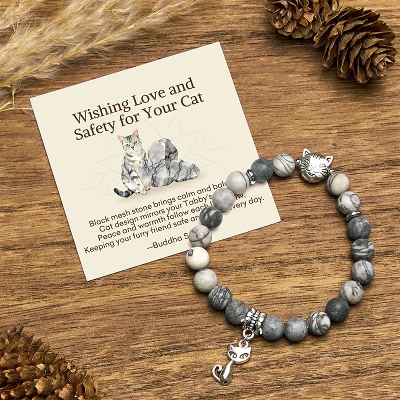 Buddha Stones "wishing Love and Safety for Your Cat" Grey Tabby Bracelet Includes Gift Message Card