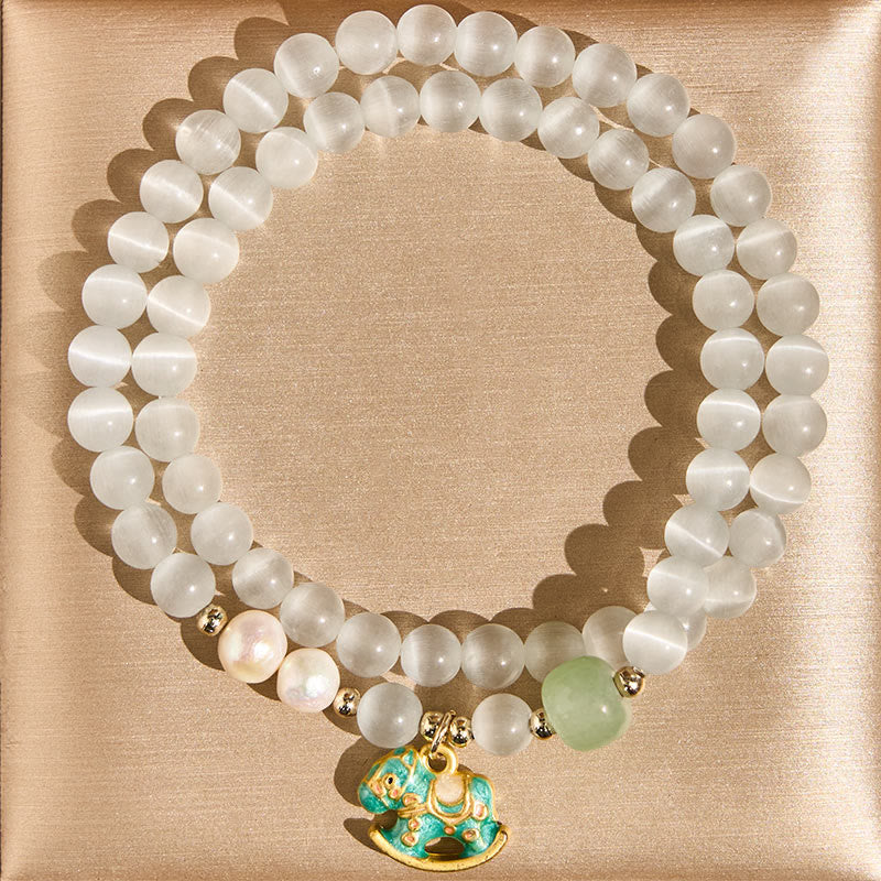 Buddha Stones Year of the Horse Chrysoberyl Glass Bead Peace Love Double-layered Bracelet
