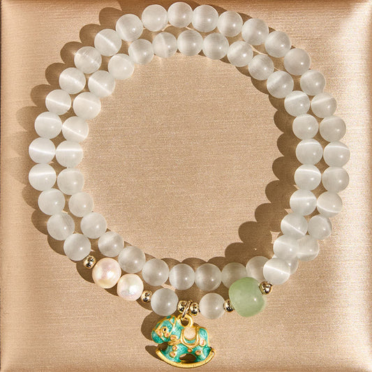 Buddha Stones Year of the Horse Chrysoberyl Glass Bead Peace Love Double-layered Bracelet