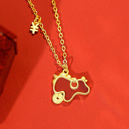 Buddha Stones 925 Sterling Silver Year of the Horse Coin Charm Red Agate Blessing Necklace Pendant