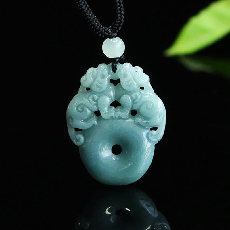 Buddha Stones Double Pixiu Jade Peace Buckle Wealth Luck String Necklace Pendant