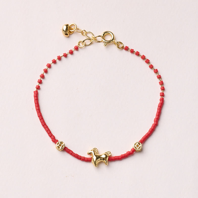 Buddha Stones 925 Sterling Silver Plated Gold Year of the Horse Red Liuli Glass Prosperity Bracelet