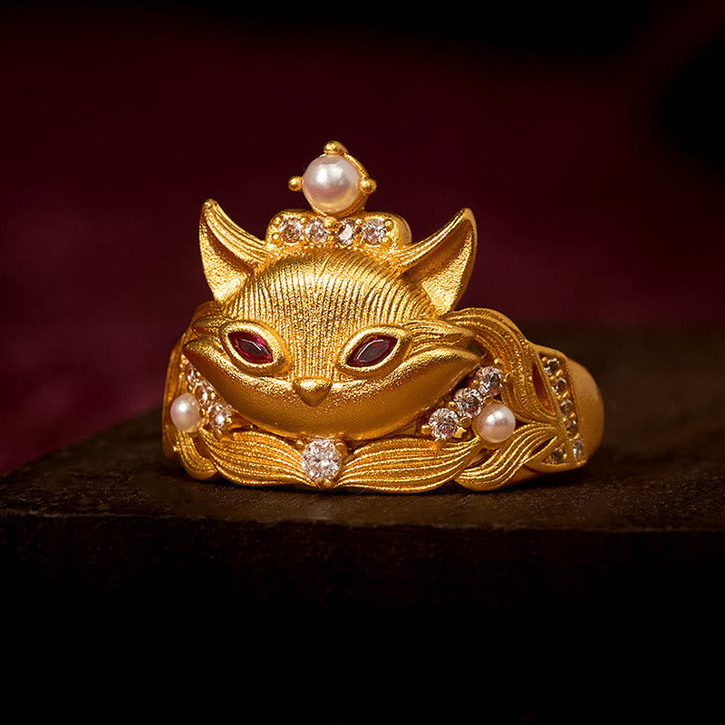 Buddha Stones Fox Head Design 24k Gold Plated Brass Adjustable Ring