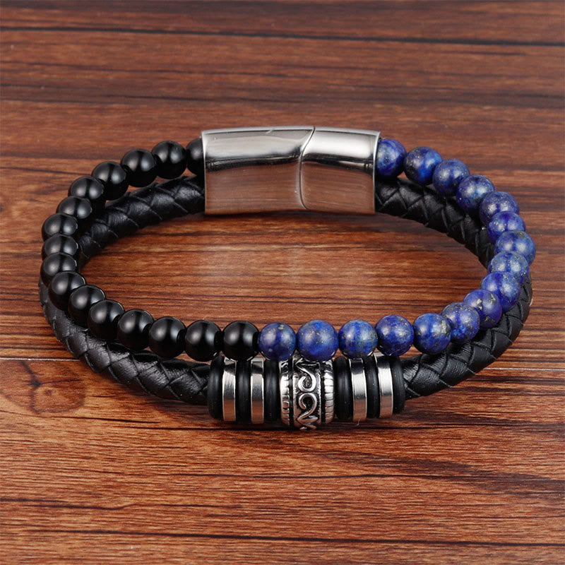 Buddha Stones Black Onyx Lazurite Lapis Lazuli Titanium Steel Fortune Calm Leather Bracelet