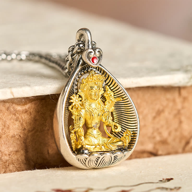 Buddha Stones Green Tara Shakyamuni Buddha Copper Plated Silver Curb Chain Luck Pendant Necklace