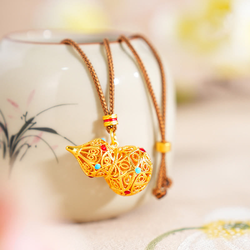 Buddha Stones Hollow Gourd Design 24k Gold Plated Brass Rope Necklace Pendant
