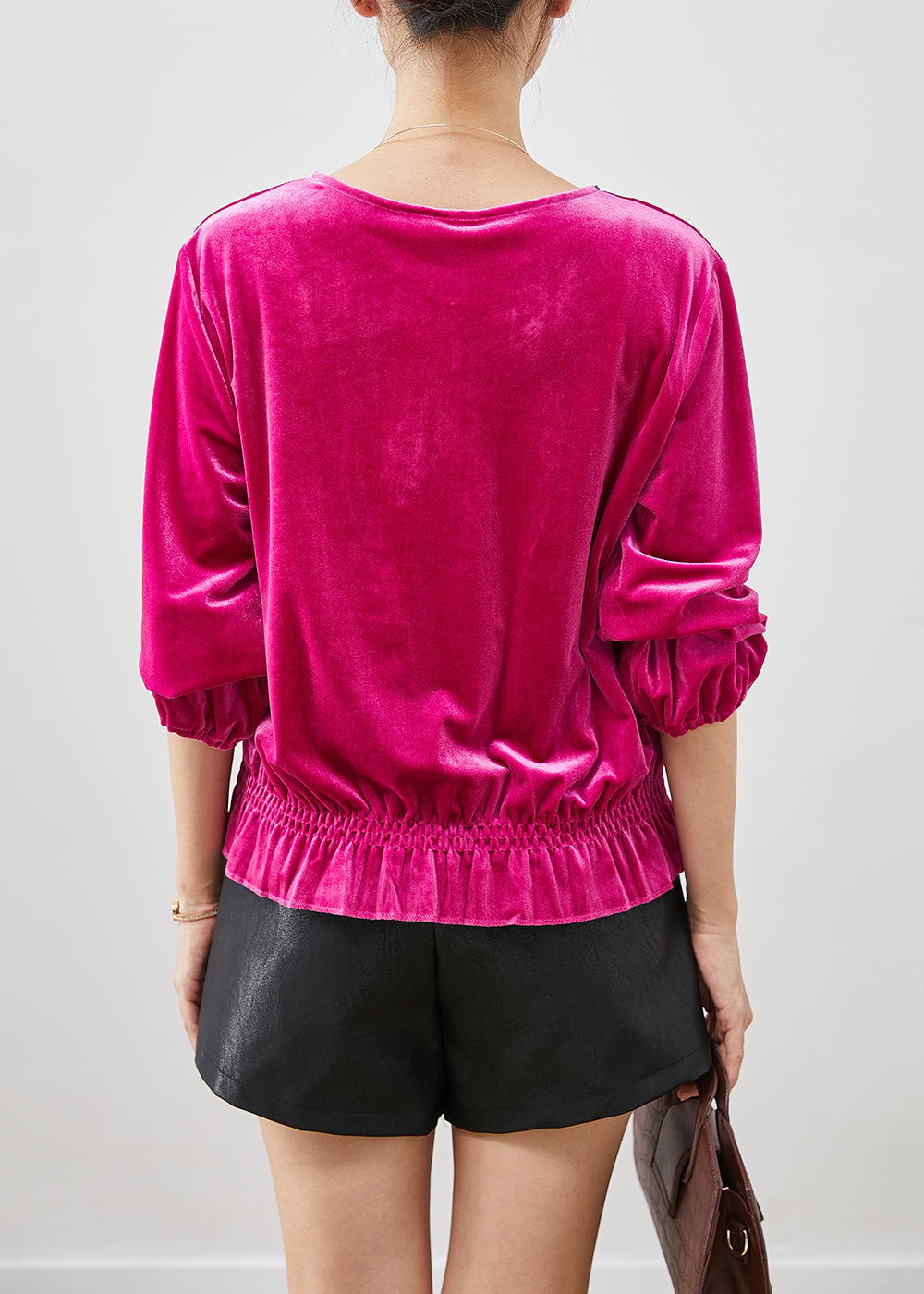 Dragon Fruit Color V Neck Nail Bead Silk Velour Shirts Fall