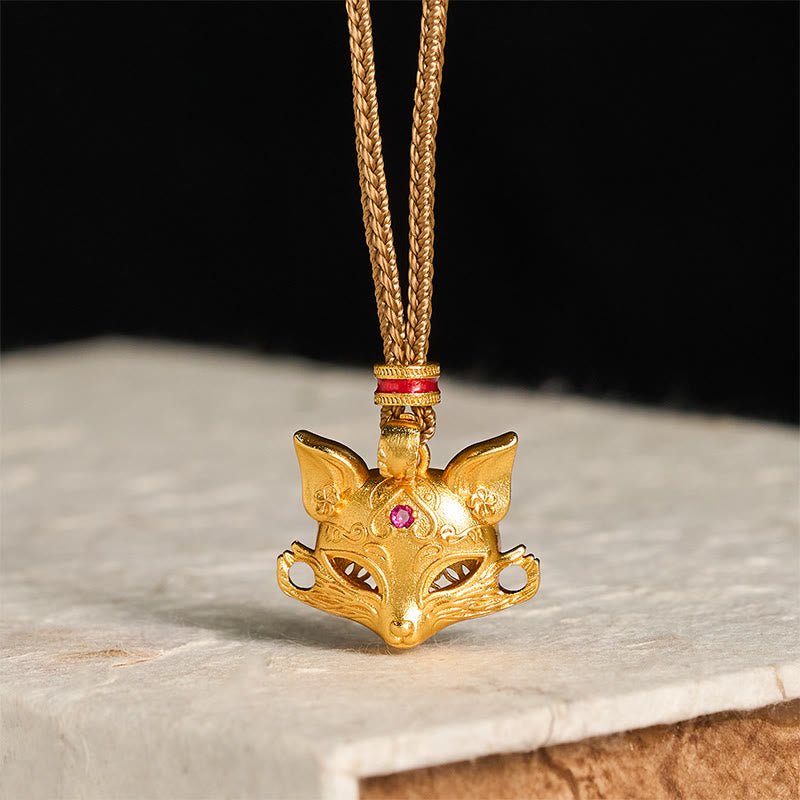 Buddha Stones 24k Gold Plated Brass Fox Charm Texture Rope Necklace Pendant