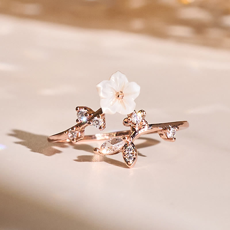 Buddha Stones White Flower Design Adjustable Healing Copper Ring