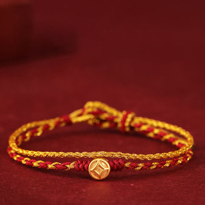Buddha Stones 999 Gold Beads Copper Coin Double Wrap Golden Red String Connection Braided Bracelet
