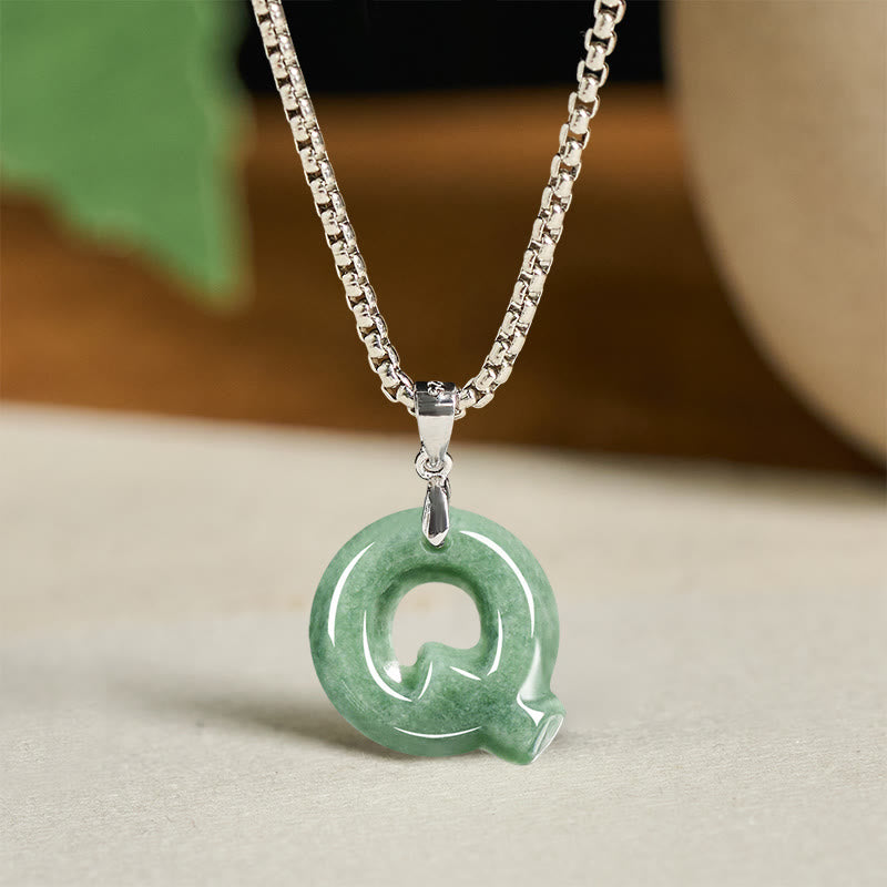 Buddha Stones Natural A-z Letter Jade Titanium Steel Wide Chain Prosperity Necklace Pendant