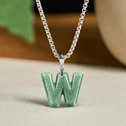 Buddha Stones Natural A-z Letter Jade Titanium Steel Wide Chain Prosperity Necklace Pendant