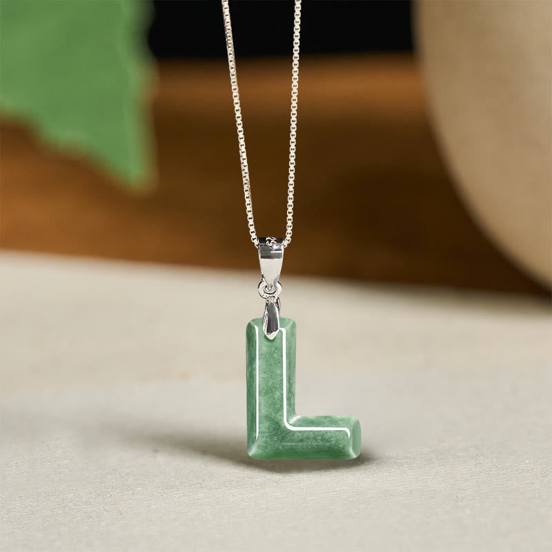 Buddha Stones Natural A-z Letter Jade 925 Sterling Silver Silm Chain Prosperity Necklace Pendant