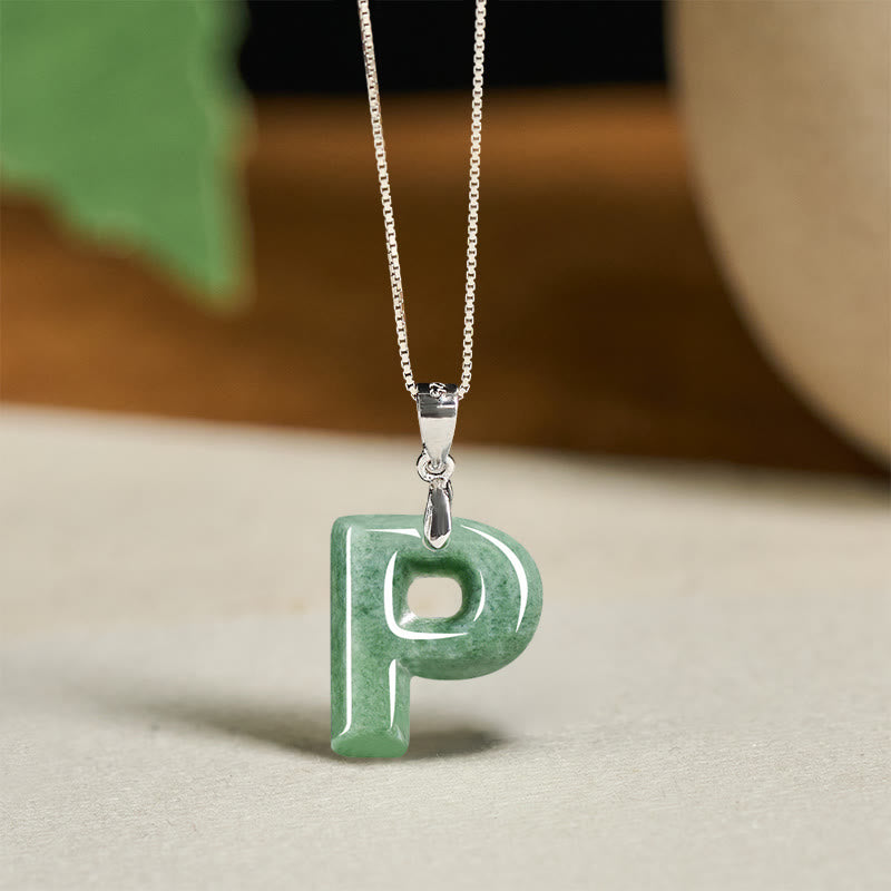 Buddha Stones Natural A-z Letter Jade 925 Sterling Silver Silm Chain Prosperity Necklace Pendant