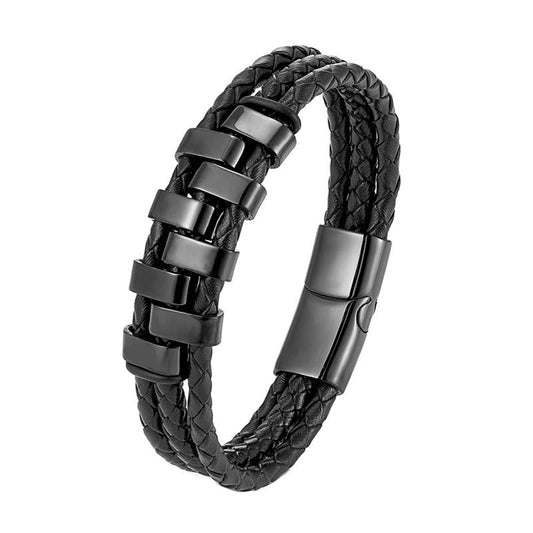 Buddha Stones Geometric Design Titanium Steel Leather Strengthen Bracelet