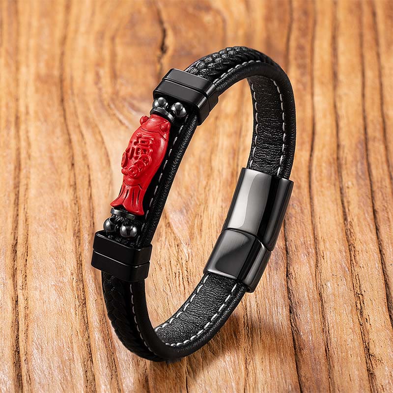 Buddha Stones Cinnabar Buddha Symbol Koi Fish Dragon Fu Character Pi Xiu Design Leather Blessing Bracelet
