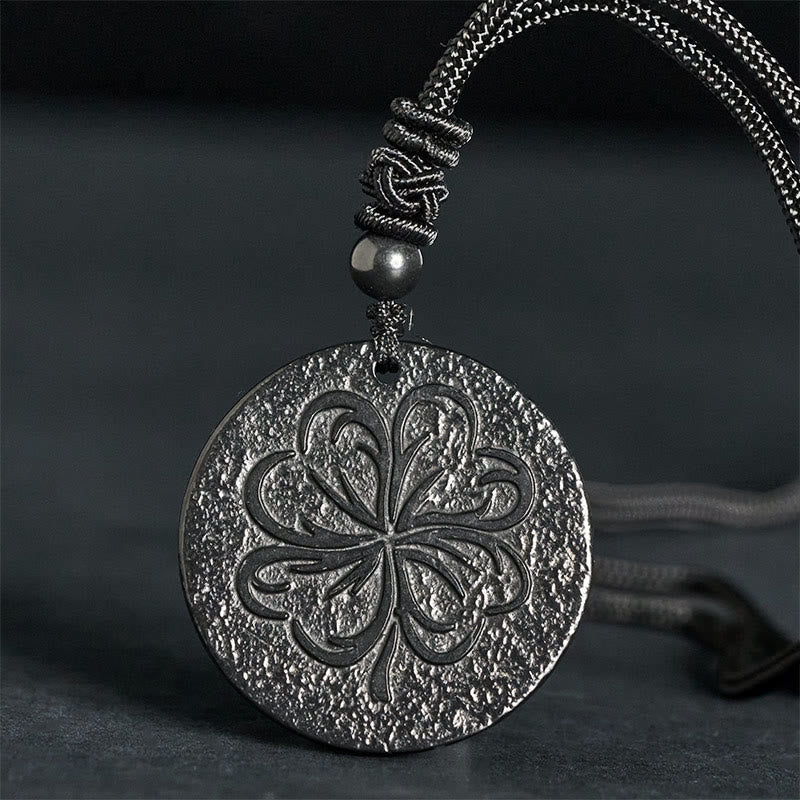 Buddha Stones Four Leaf Clover Authentic Shungite Stone Graphite Stone Protection Necklace Pendant