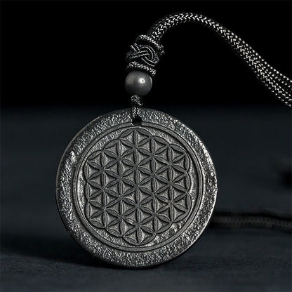 Buddha Stones Flower of Life Carving Design Authentic Shungite Stone Protection Necklace Pendant