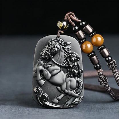 Buddha Stones Year of the Horse Monkey Pattern Om Mani Padme Hum Black Obsidian Strength Necklace Pendant