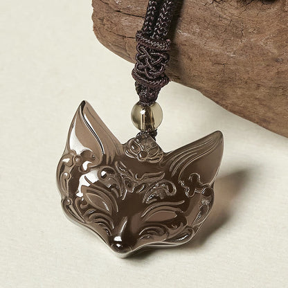 Buddha Stones Relief Fox Design Silver Sheen Obsidian Ice Obsidian Protection Necklace Pendant